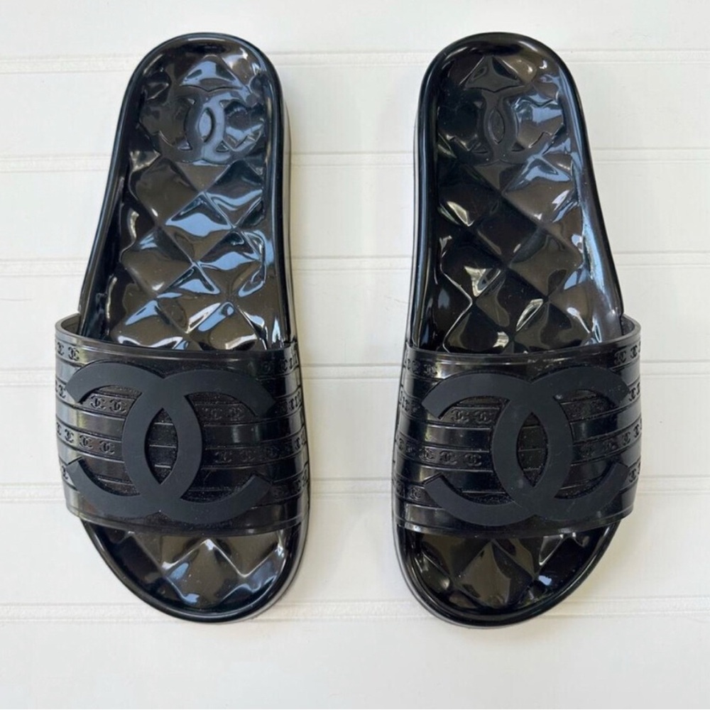 Chanel CC Jelly Sandal Slides Black PVC